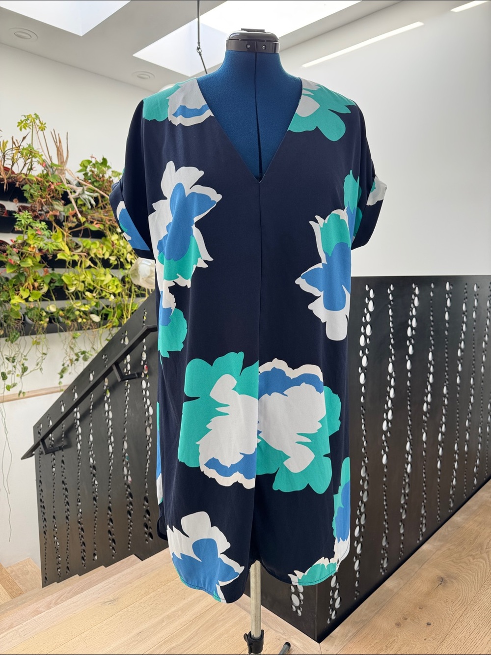 a new day Navy Floral V-Neck Mini Dress with Teal & White Blooms
